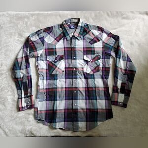 Vtg Pearl Snap Western Shirt Plaid Sz Large Chute #1 Purple Button